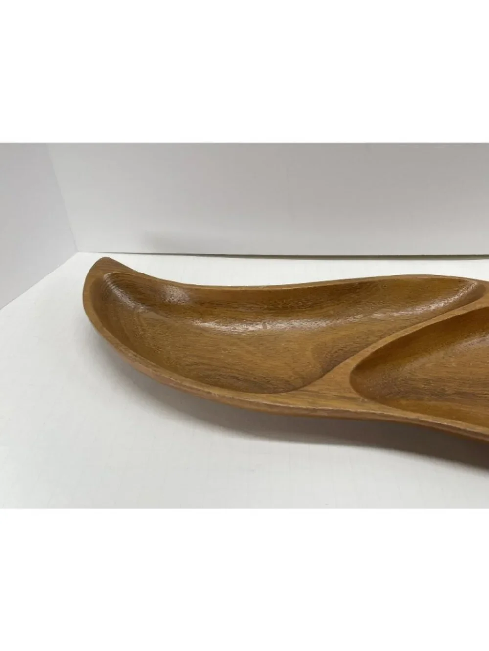 Vintage MCM Hand Carved Wood Divided Tear Drop Dish Bowl Large Teak Teardrop 60s